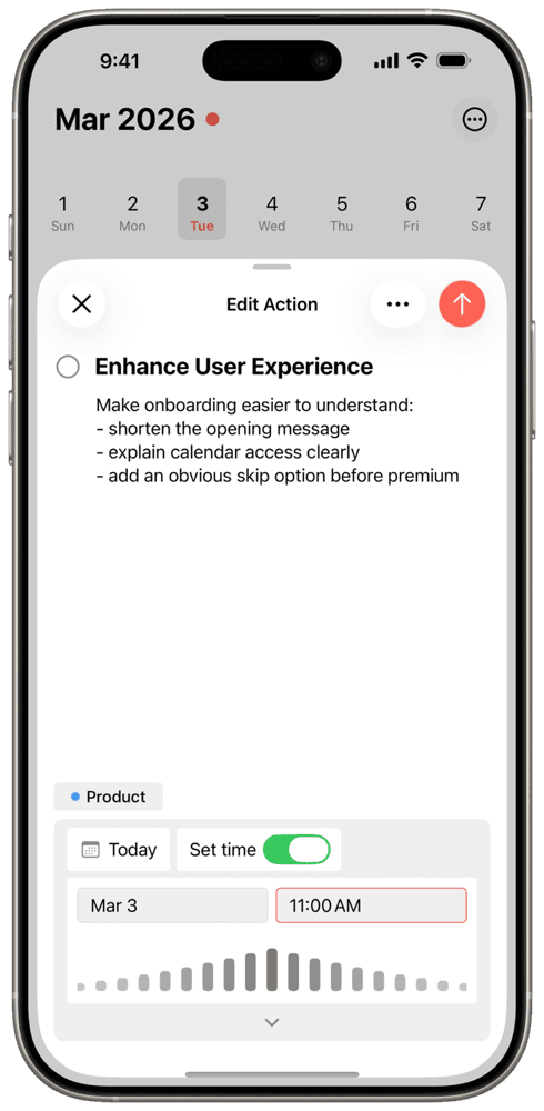 Aida action detail view showing action notes, project tag, and scheduling controls