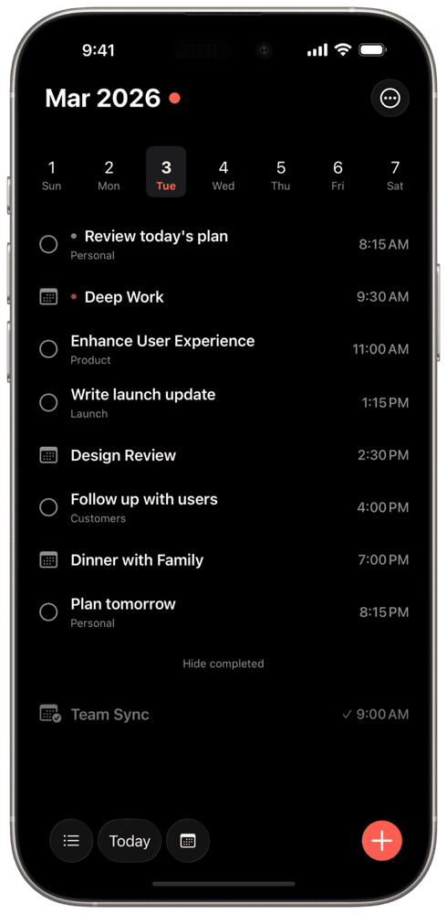 Aida planner view showing daily actions, calendar events, and time blocks