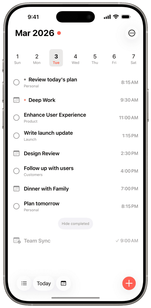 Aida planner view showing daily actions, calendar events, and time blocks