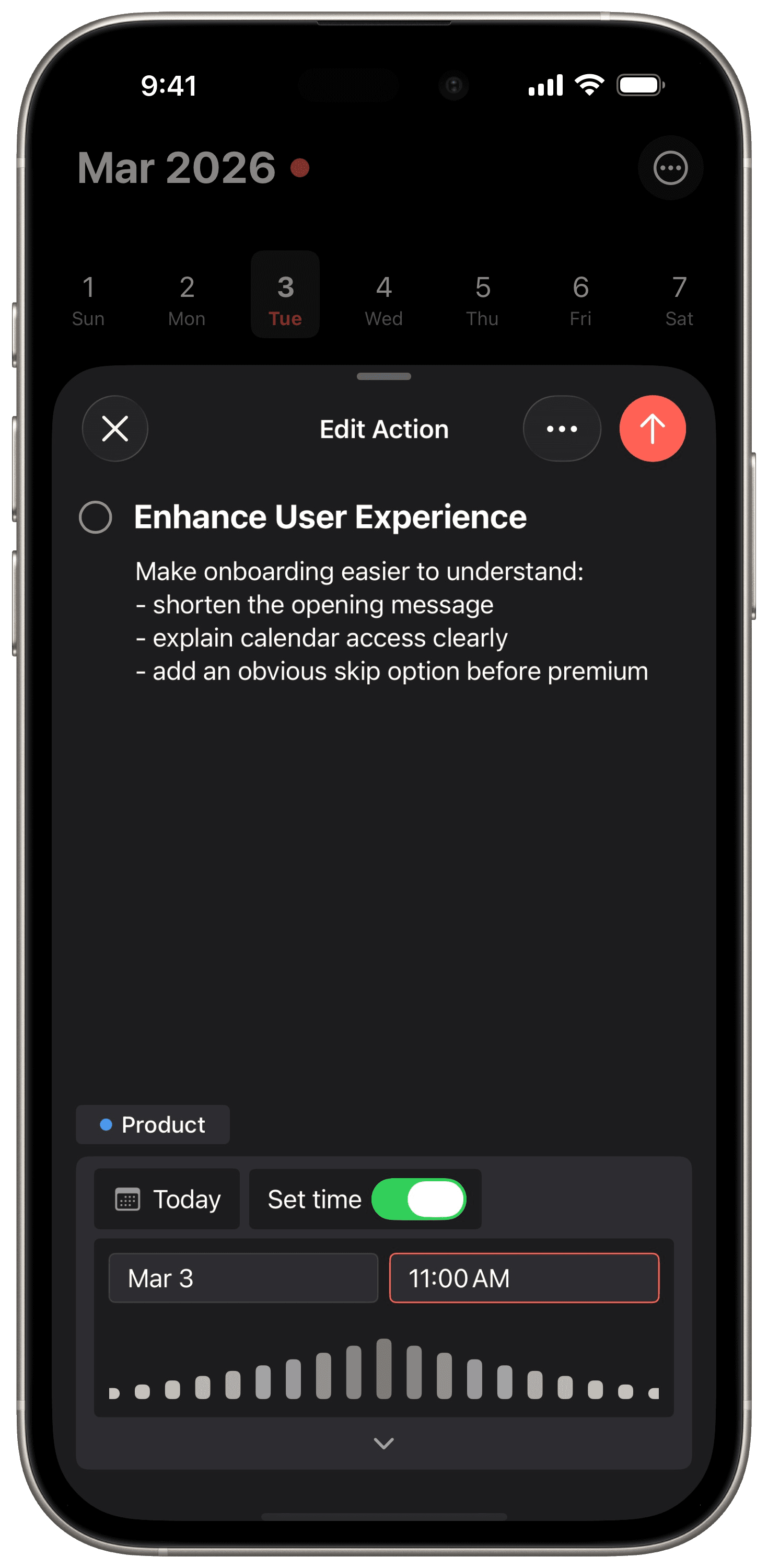 Aida action detail view showing action notes, project tag, and scheduling controls