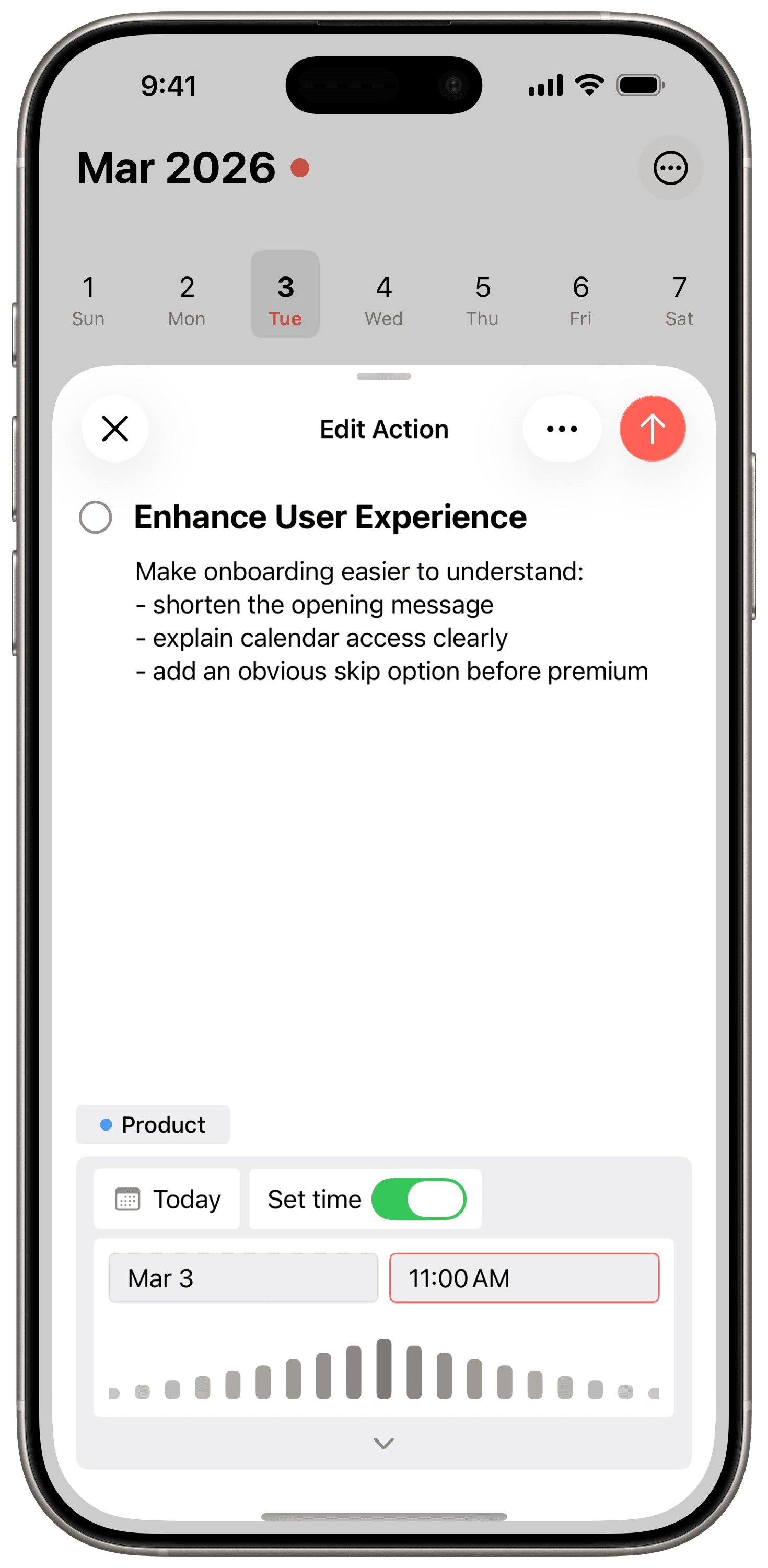 Aida action detail view showing action notes, project tag, and scheduling controls