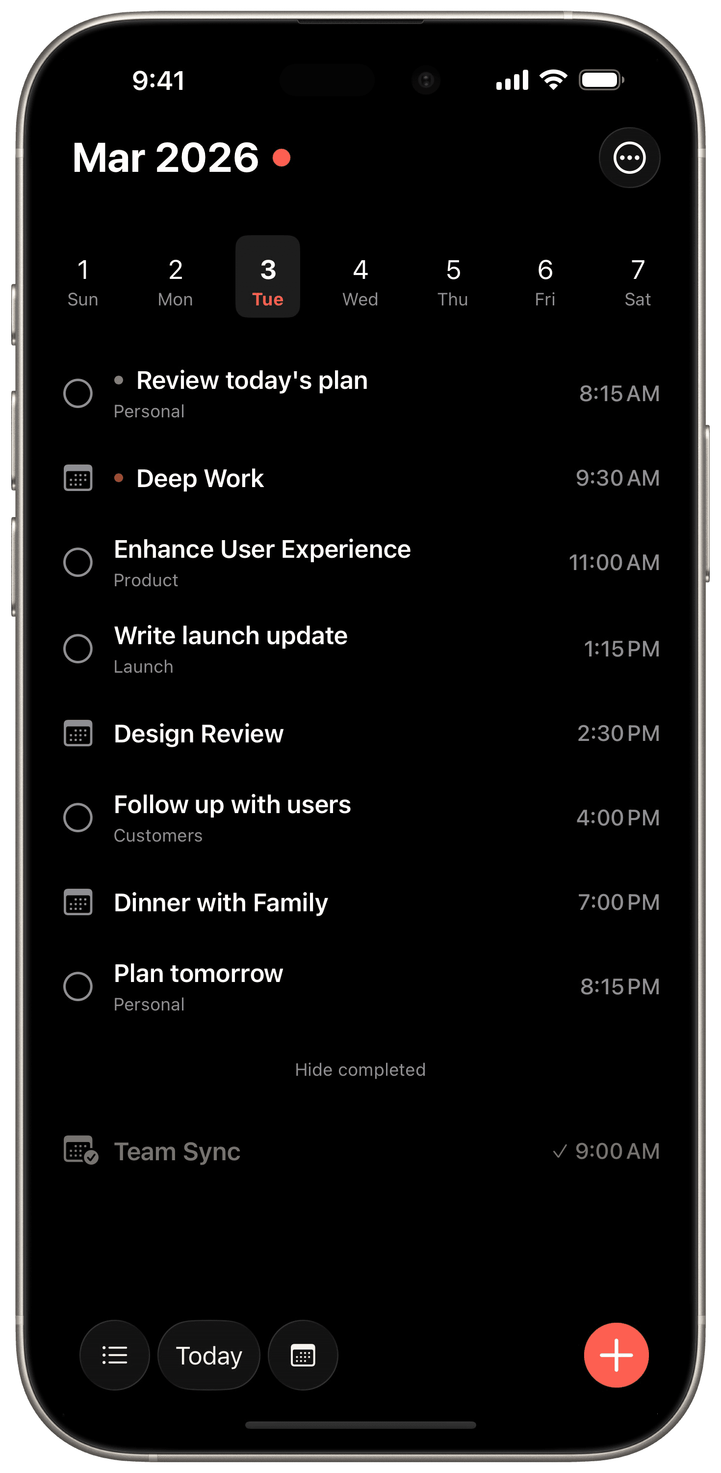 Aida planner view showing daily actions, calendar events, and time blocks