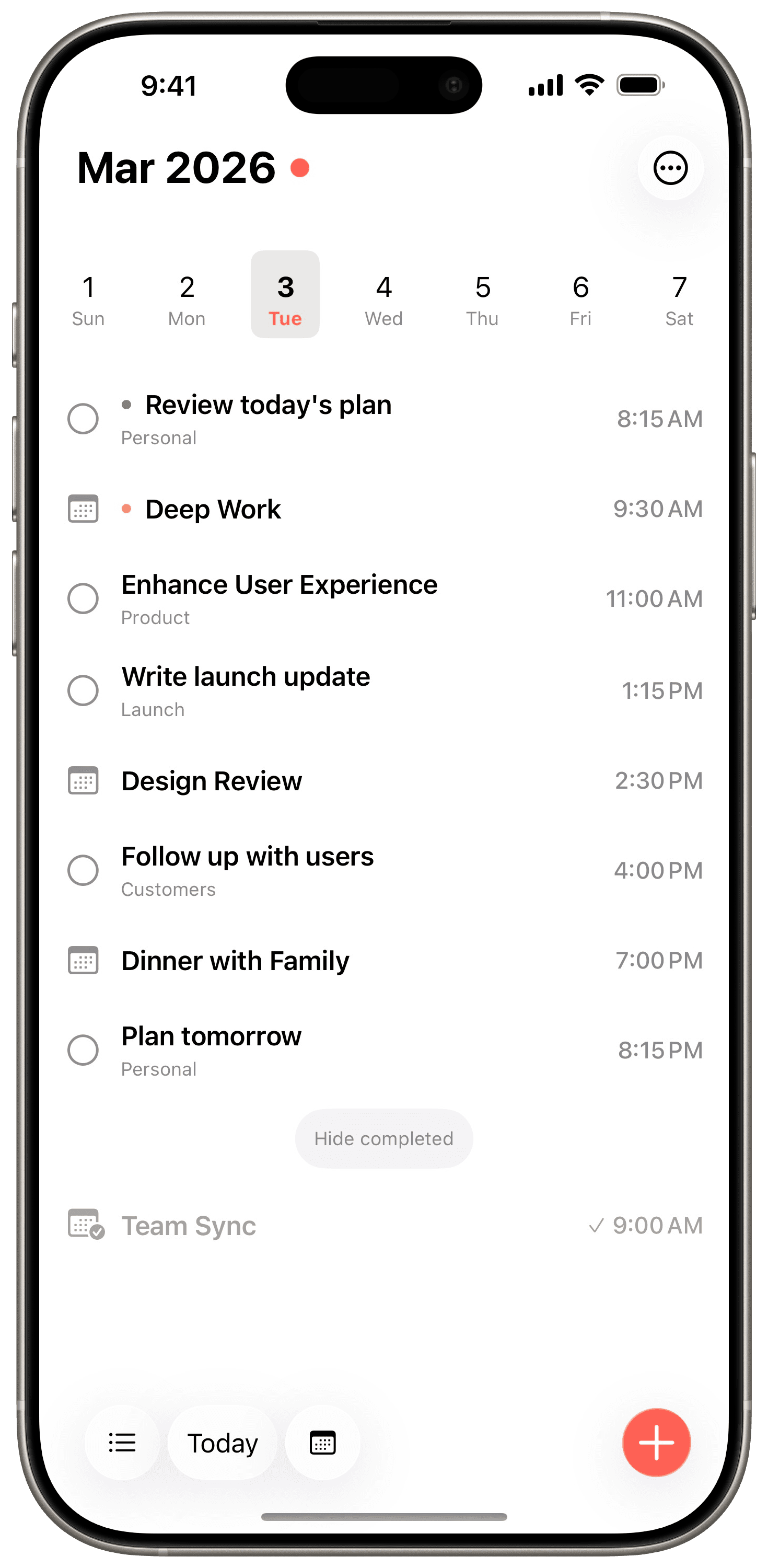 Aida planner view showing daily actions, calendar events, and time blocks