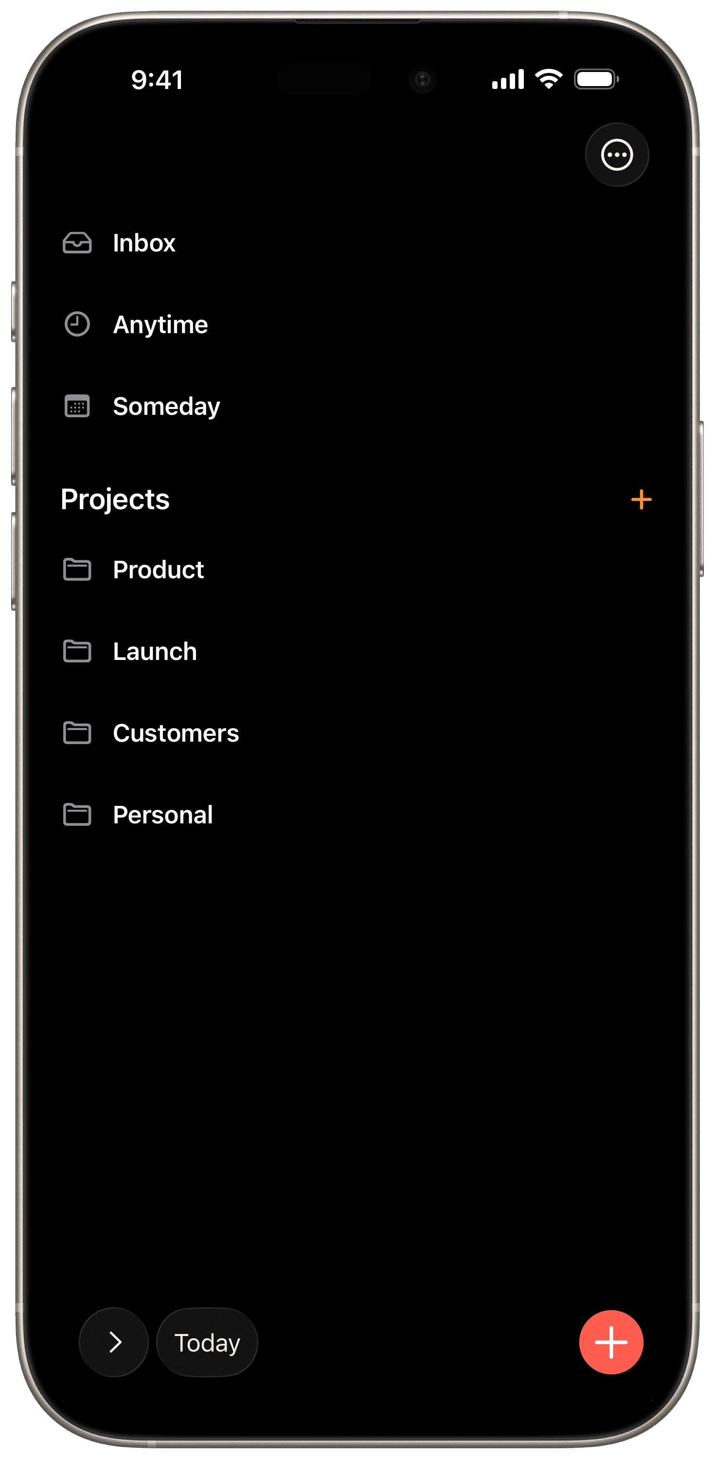 Aida project view showing Inbox, Anytime, Someday lists and custom projects