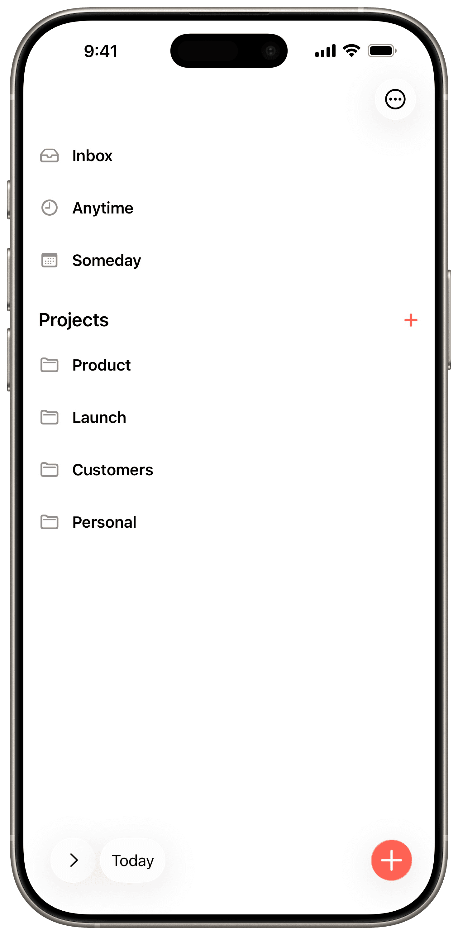 Aida project view showing Inbox, Anytime, Someday lists and custom projects